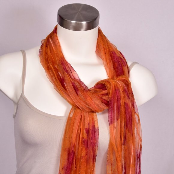 Orange Sheer Pleated Scarf with Fringe Trim - Picture 7 of 7